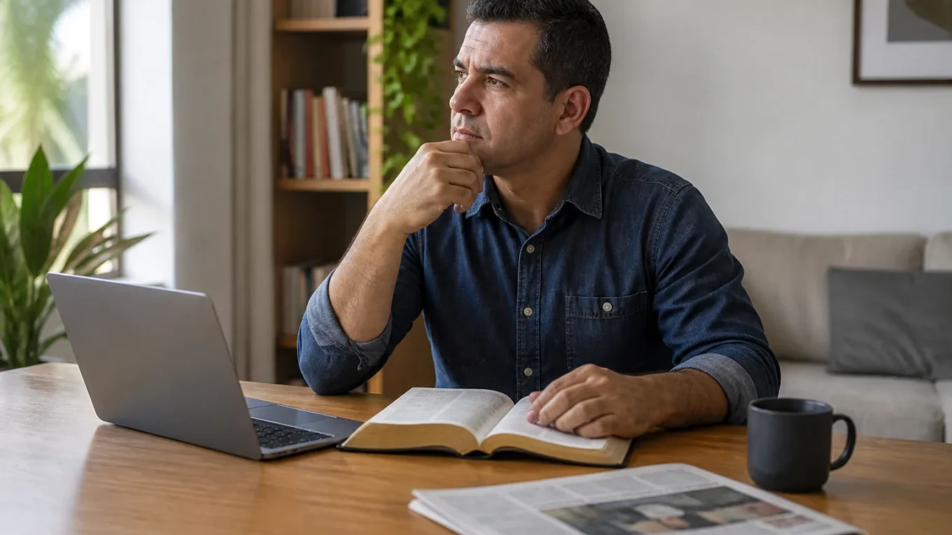 Homem reflete diante da Bíblia aberta, de um computador e de um jornal ao analisar acontecimentos atuais.