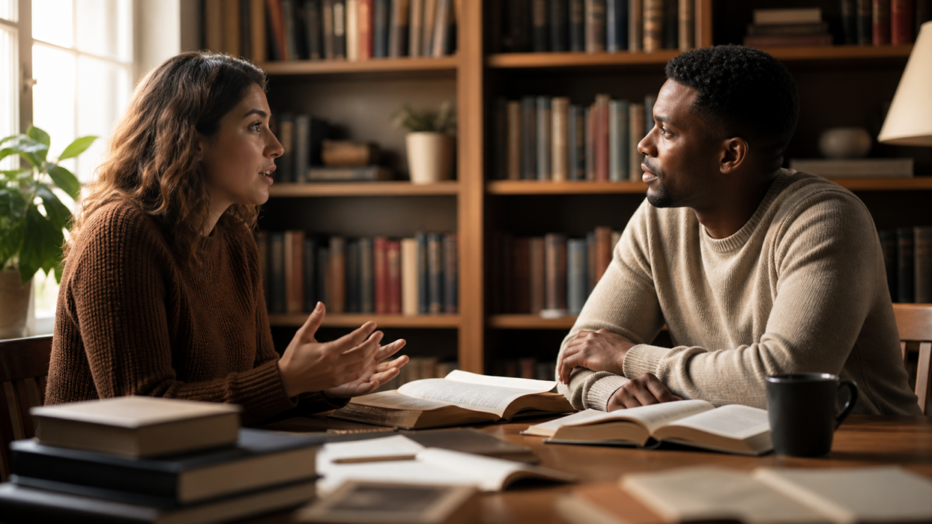 Duas pessoas conversam sobre fé com livros e Bíblia aberta