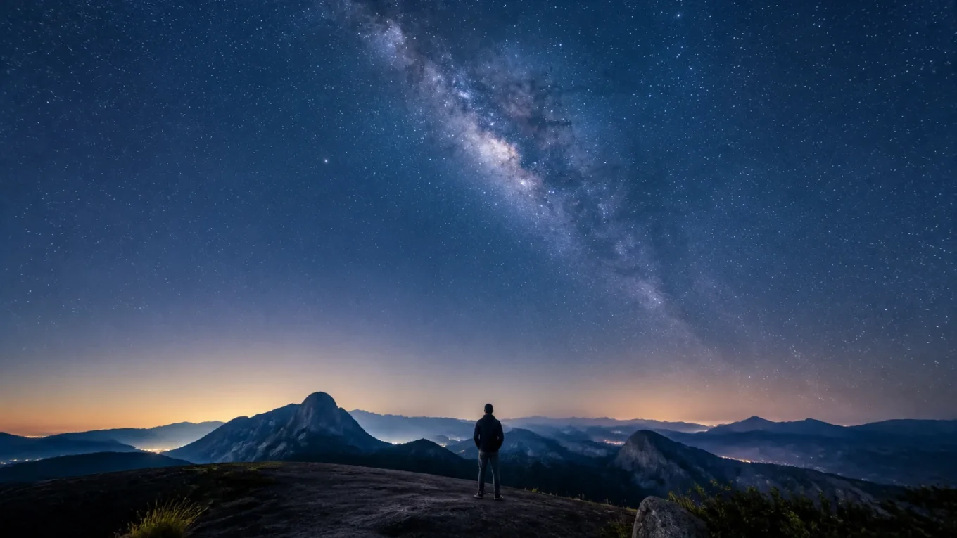 Pessoa contempla a Via Láctea sobre montanhas, expressando admiração diante da grandeza de Deus.