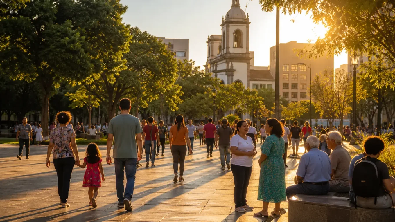Pessoas convivem em uma praça pública brasileira ao amanhecer