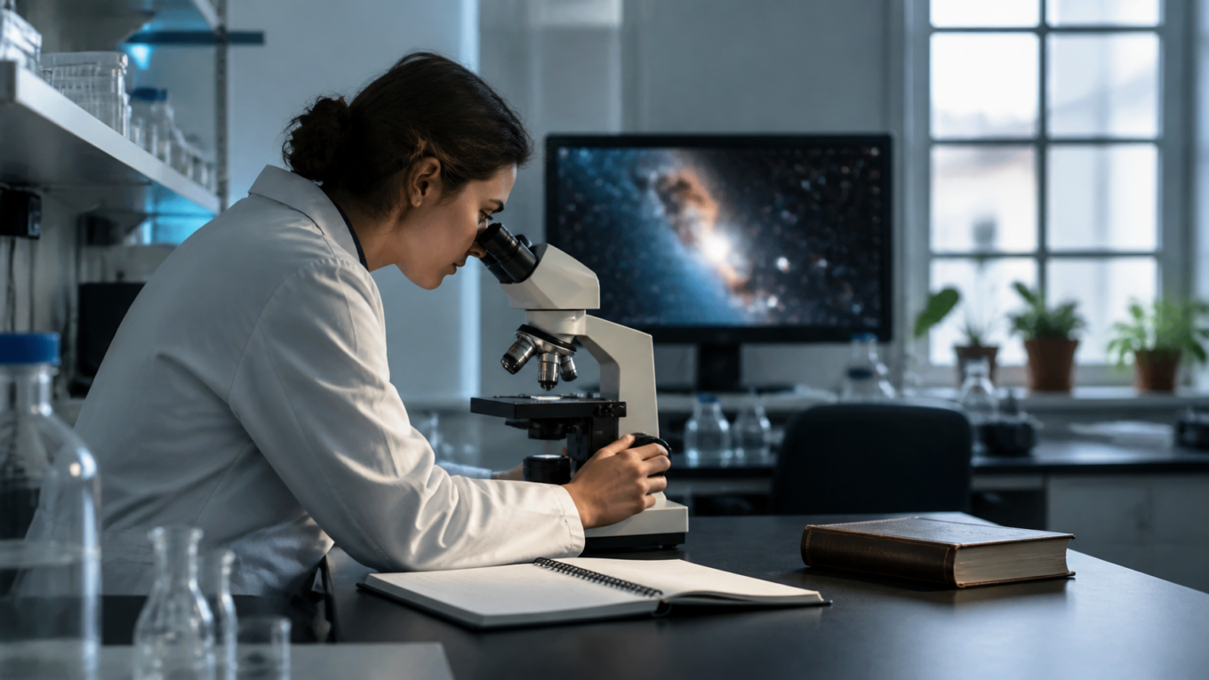 Pesquisadora utiliza microscópio ao lado de uma Bíblia