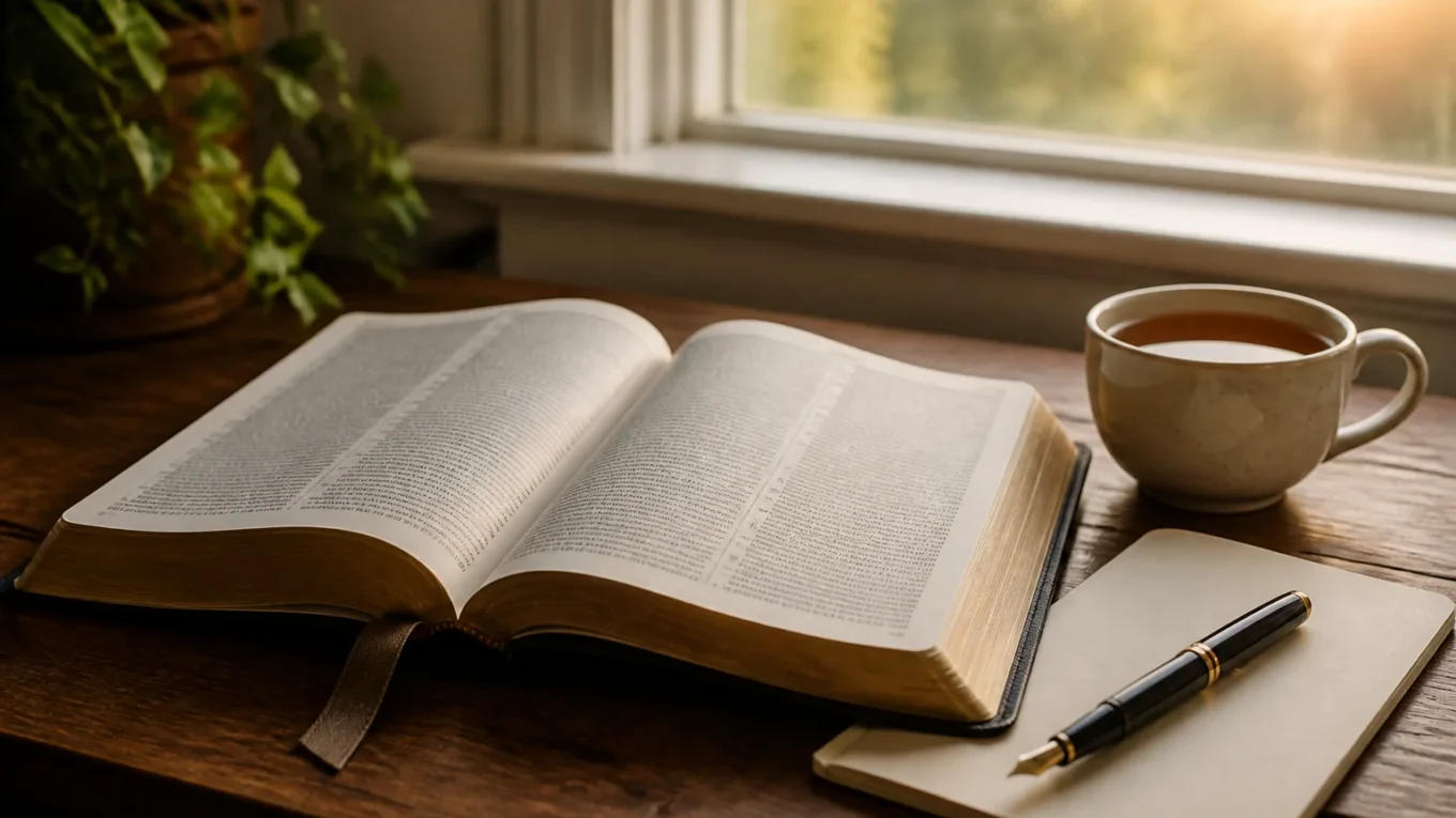 Bíblia aberta ao lado de um caderno e uma caneta durante um momento de estudo.