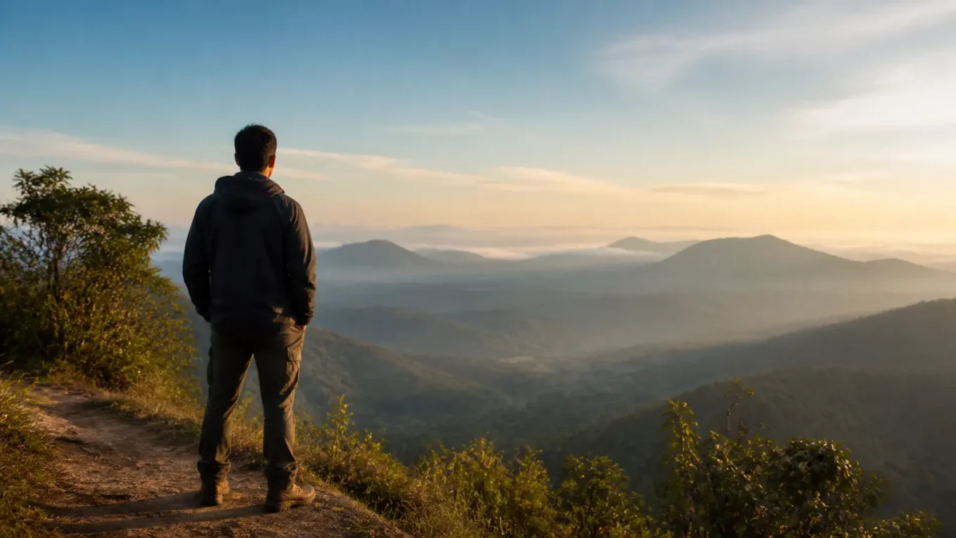 Pessoa contempla uma paisagem de montanhas durante o amanhecer