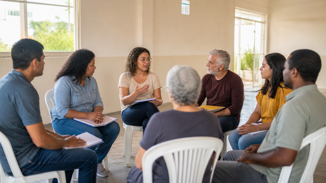 Grupo diverso participa de diálogo comunitário respeitoso