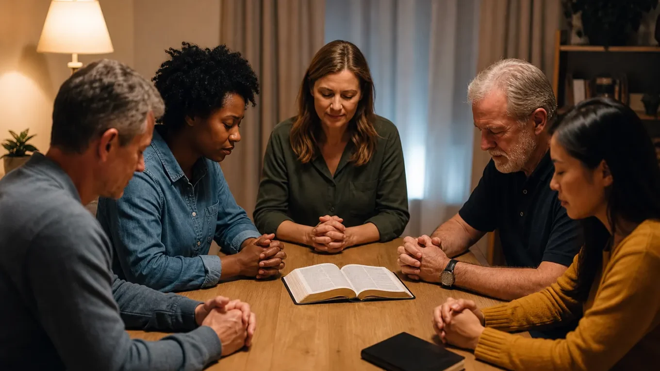 Grupo diverso de cristãos ora ao redor de uma Bíblia aberta em uma sala simples e reservada.
