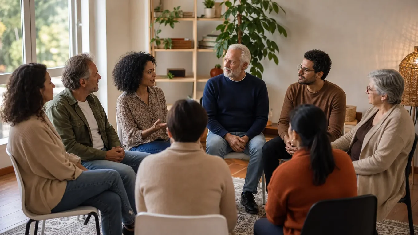 Grupo diverso participa de uma conversa respeitosa em círculo