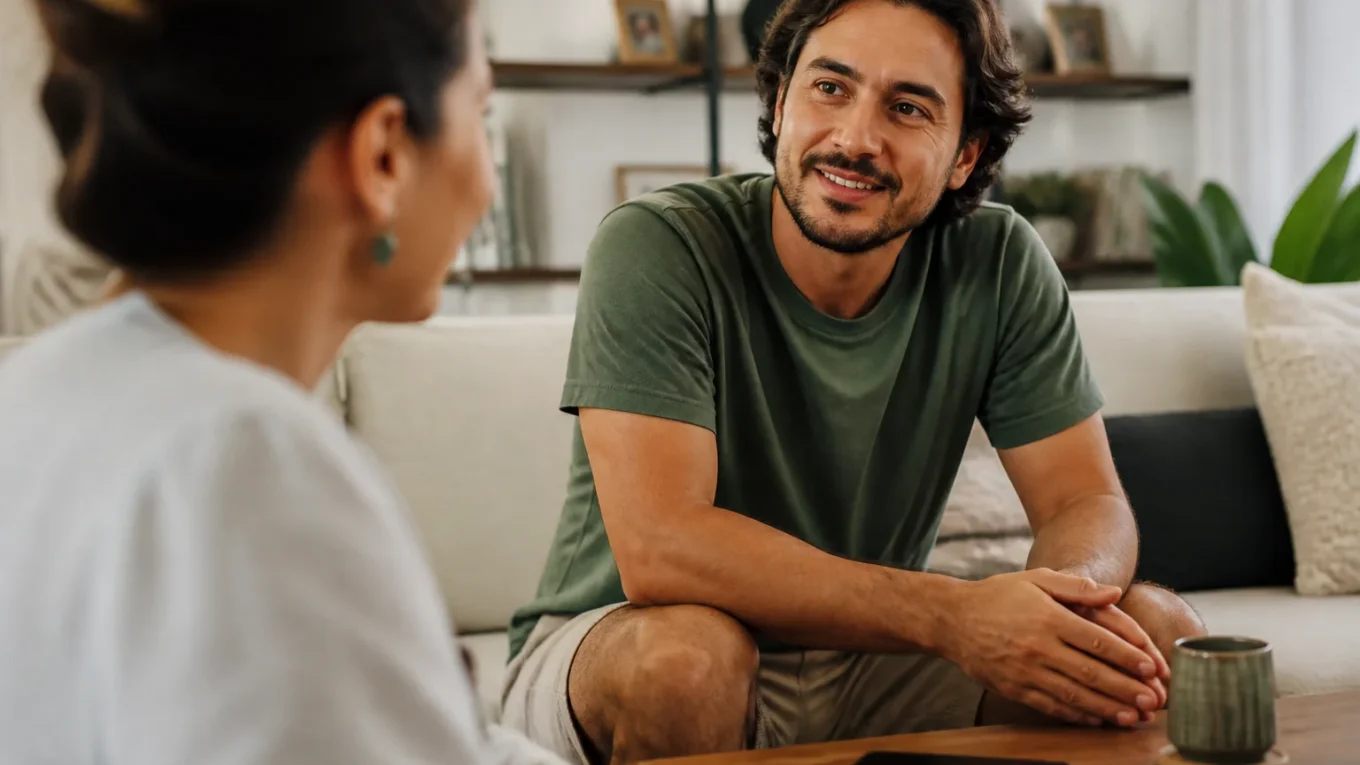 Pessoa mantém o celular afastado enquanto conversa com atenção em casa.