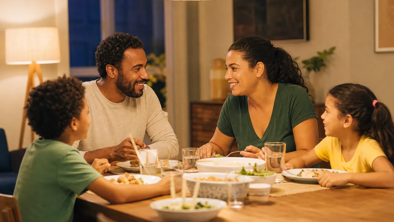 Família conversa durante uma refeição simples, sem distrações, fortalecendo vínculos no cotidiano.