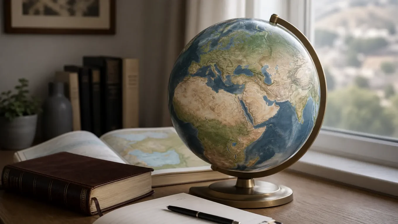 Globo terrestre voltado para o Oriente Médio ao lado de Bíblia, atlas e caderno de estudos.