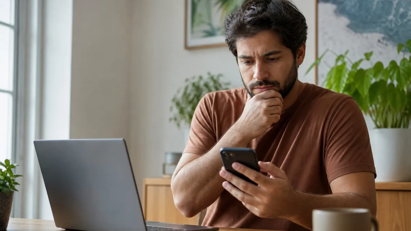 Pessoa analisa informações no computador e no celular antes de compartilhar uma notícia.