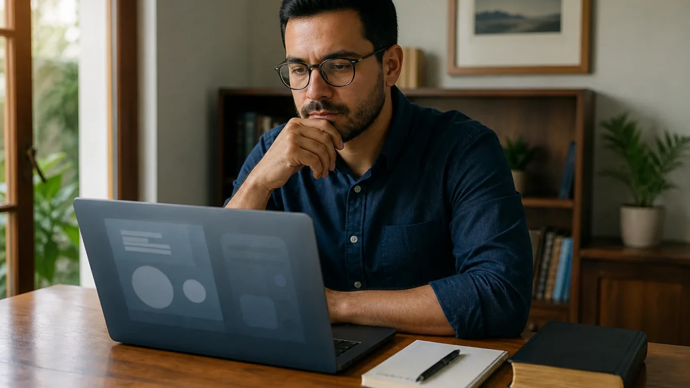 Pessoa analisa uma ferramenta de inteligência artificial ao lado de uma Bíblia e um caderno.