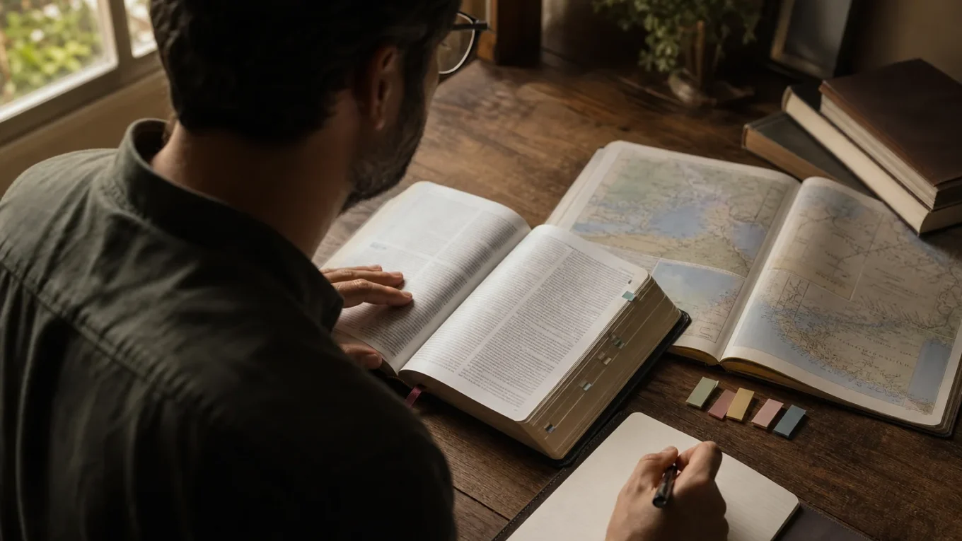 Pessoa estuda uma Bíblia, um atlas histórico e anotações para interpretar profecias com contexto.