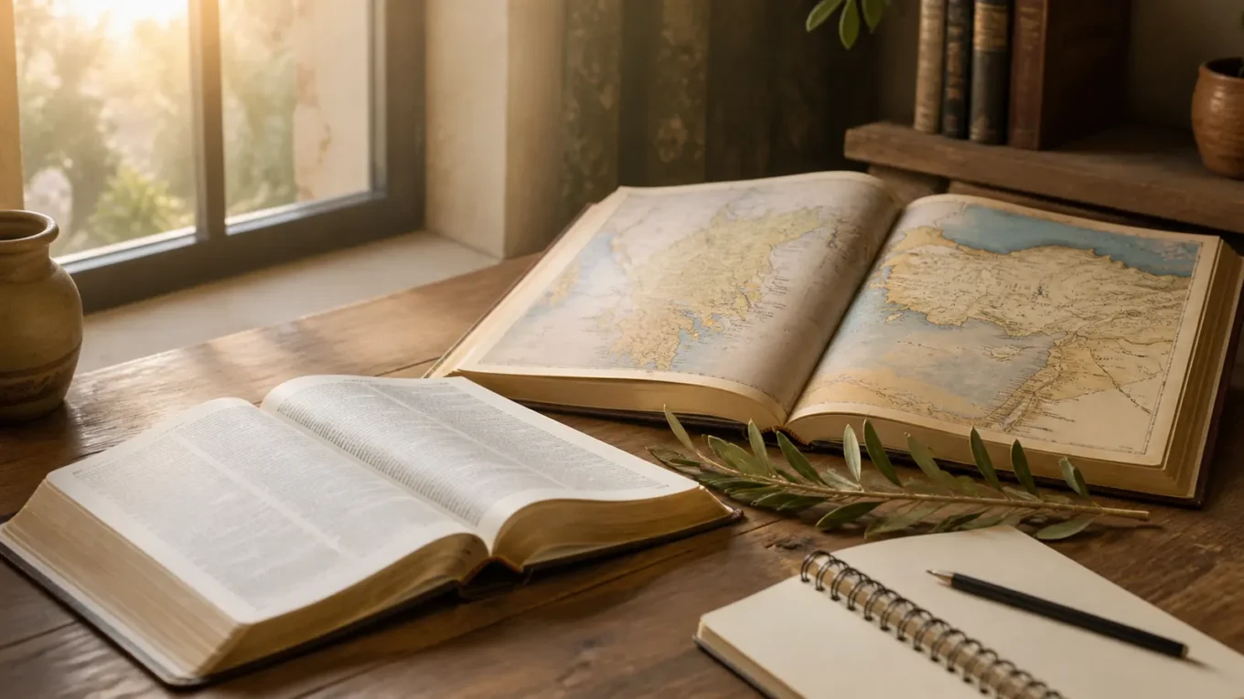 Bíblia aberta ao lado de atlas histórico, caderno e ramo de oliveira em uma mesa iluminada.