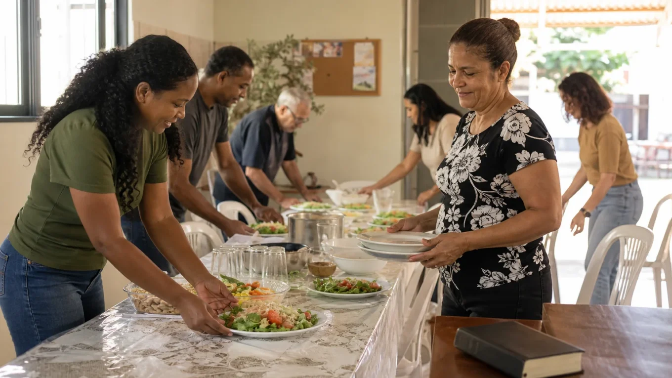 Grupo prepara uma refeição comunitária em um salão, representando serviço e hospitalidade cristã.