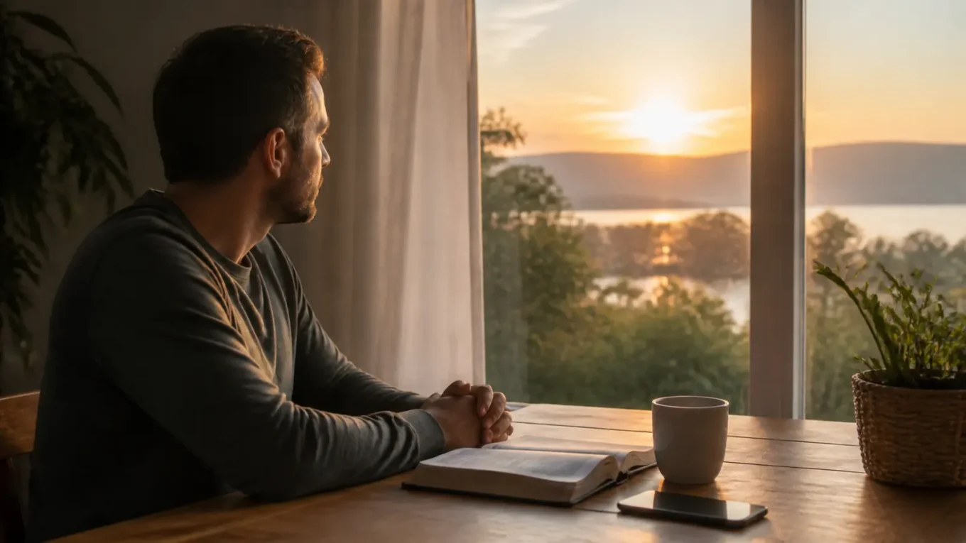 Homem contempla o amanhecer diante de uma Bíblia aberta e celular afastado