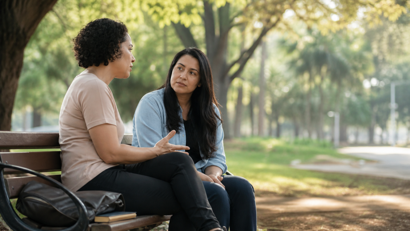Duas pessoas conversam com acolhimento em um parque