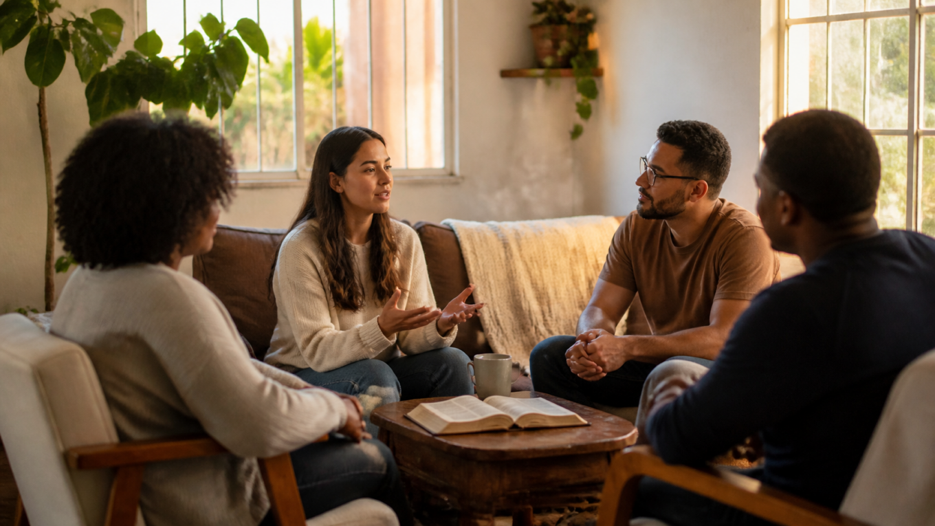 Pequeno grupo ouve um testemunho cristão em uma sala acolhedora